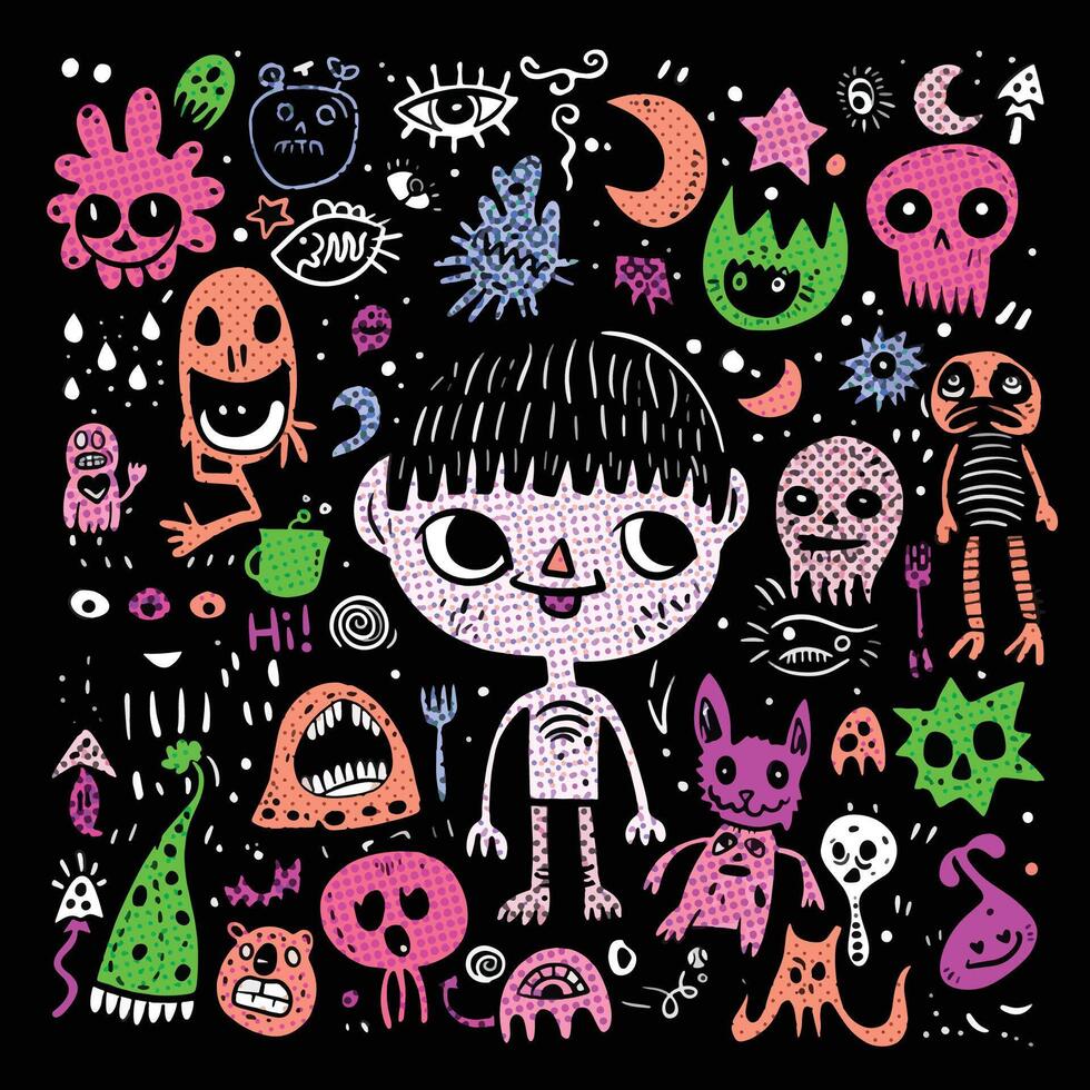 Quirky Cartoon Boy with Monsters and Doodles in Halftone Effect on Dark Background vector