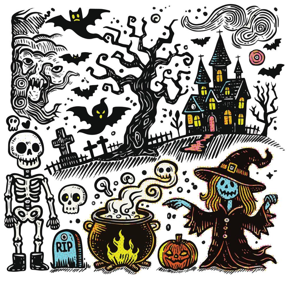 Eerie Hand-Drawn Halloween Doodles with Halftone Effect Witch Skeleton and Haunted House vector