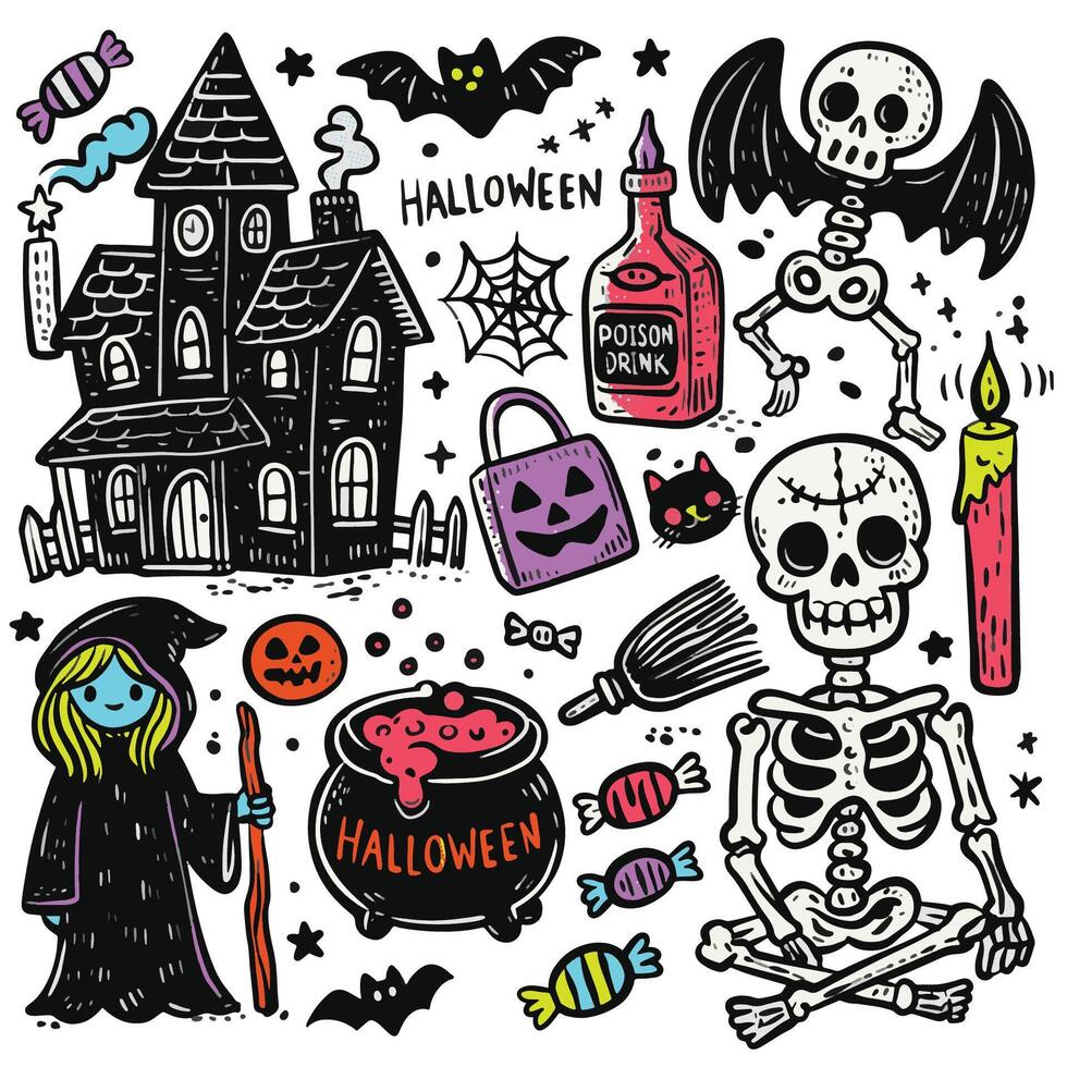 Playful Hand-Drawn Halloween Doodles with Halftone Effect Witch Skeleton and Haunted House vector