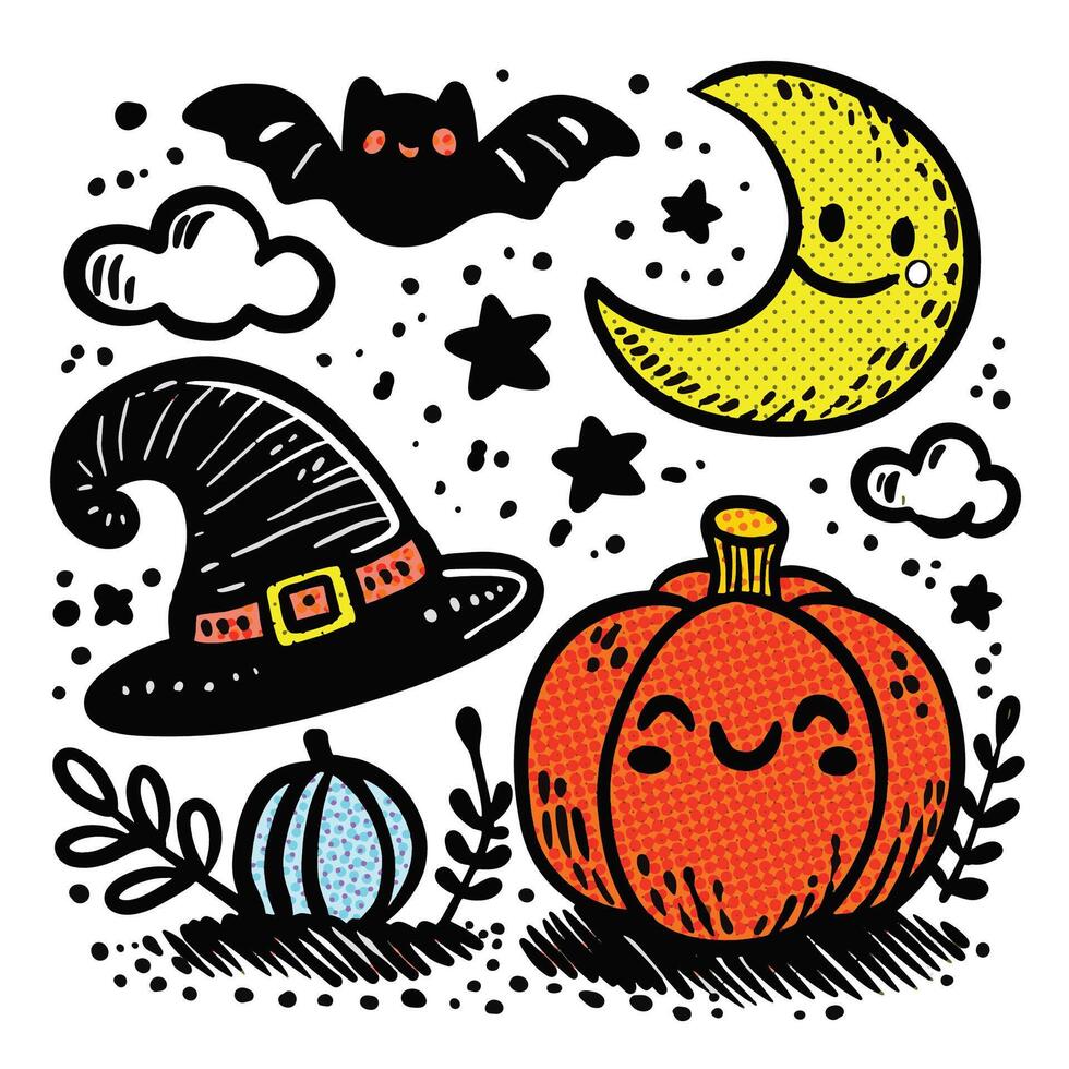 Playful Hand-Drawn Halloween Doodles with Halftone Effect Pumpkin Witch Hat and Moon vector