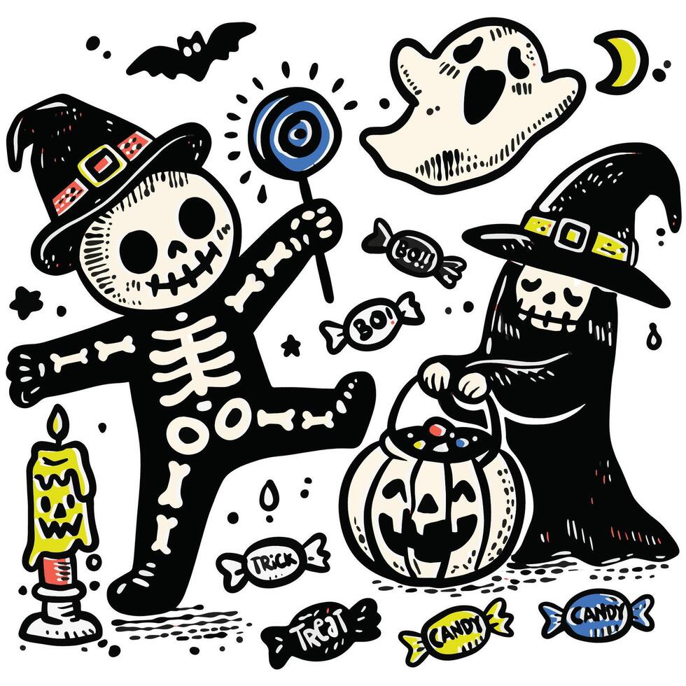 Playful Hand-Drawn Halloween Doodles with Offset Effect Skeletons Ghost and Candy vector