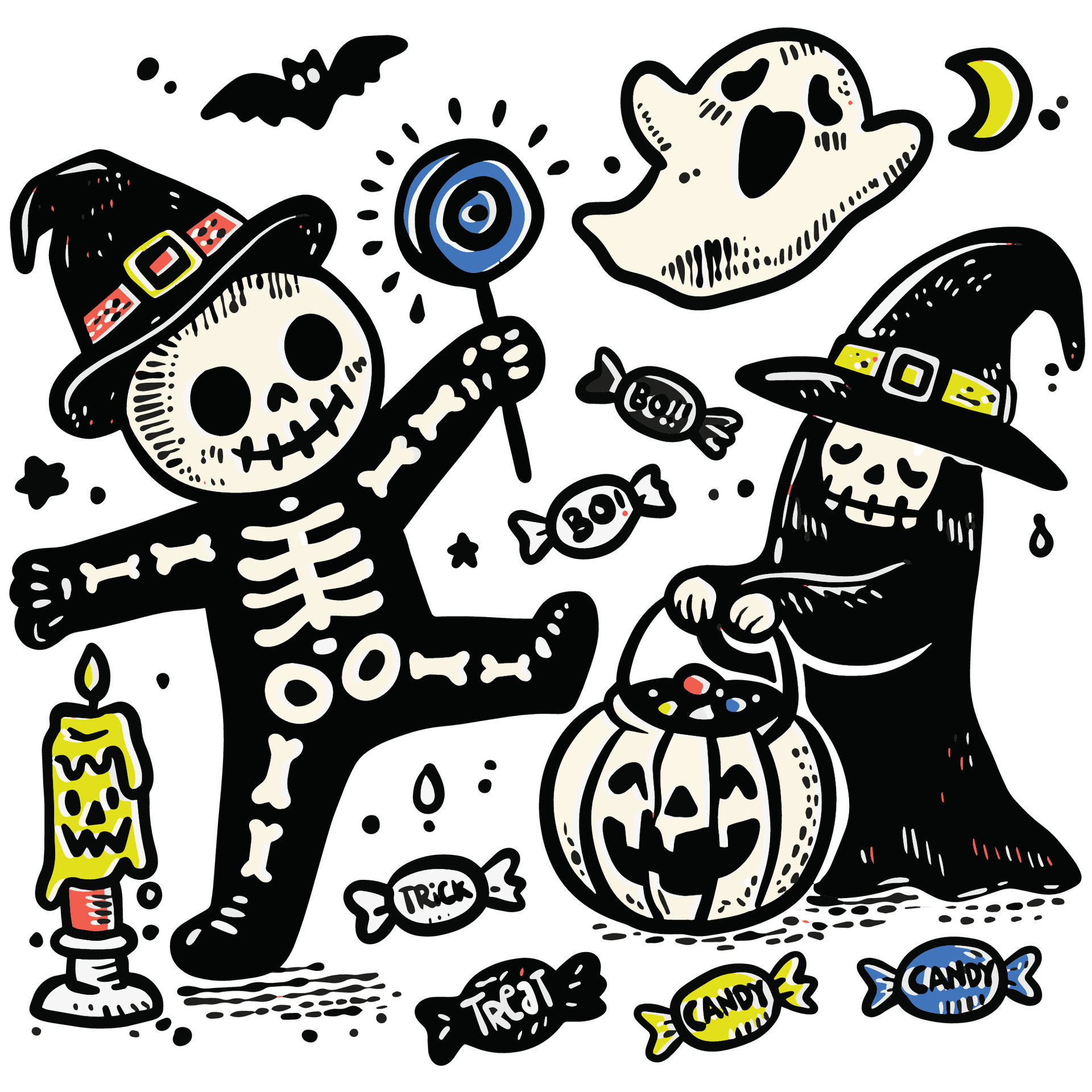 Playful HandDrawn Halloween Doodles with Offset Effect Skeletons Ghost and Candy 49376895