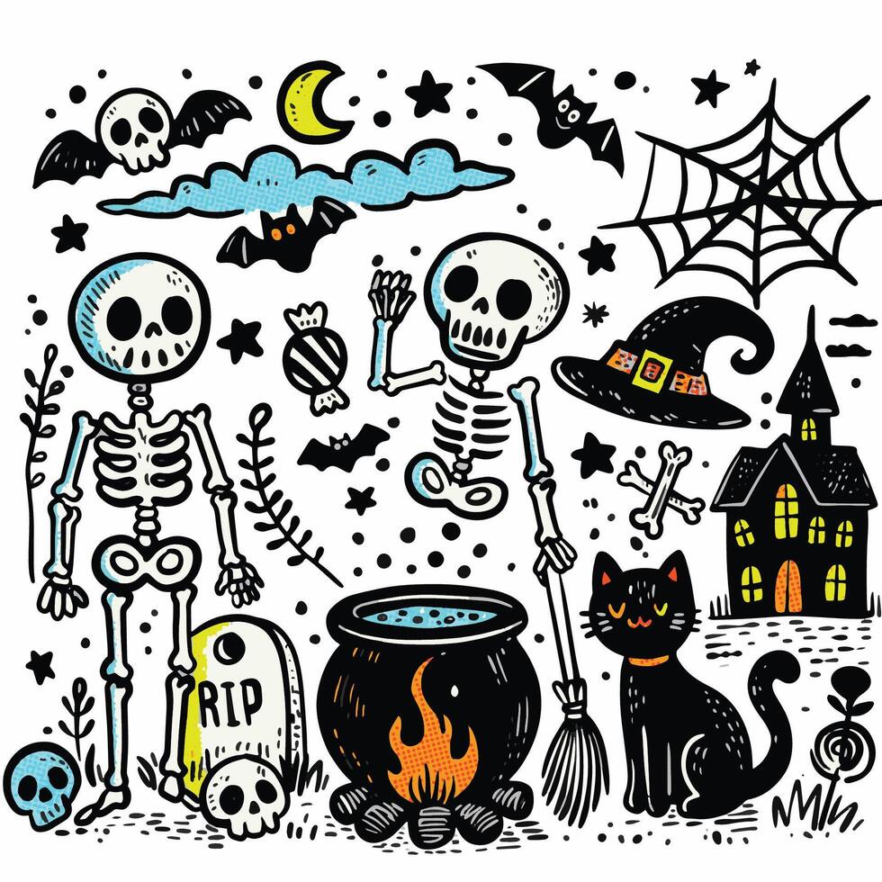 Eerie Hand-Drawn Halloween Doodles with Halftone Effect Skeletons Witch and Haunted House vector