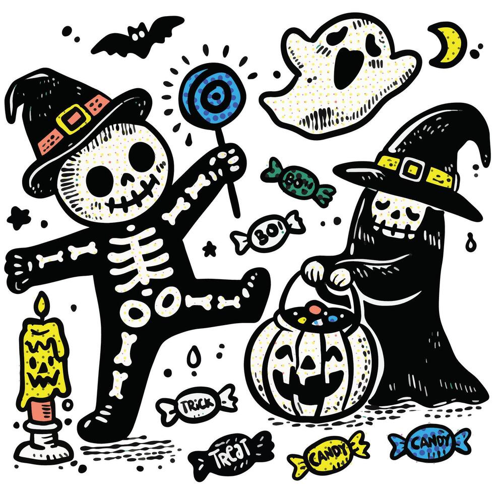 Playful Hand-Drawn Halloween Doodles with Halftone Effect Skeletons Ghost and Candy vector