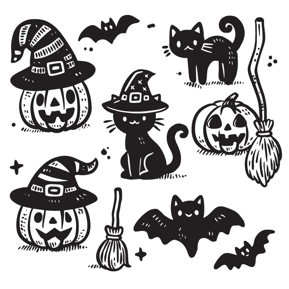 Halloween Black Cat Moon Witch Hat and Pumpkin in Hand Drawn Doodle Style vector