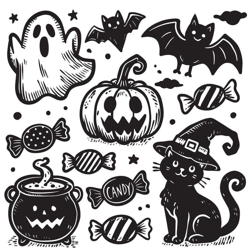 Halloween Black Cat Moon Witch Hat and Pumpkin in Hand Drawn Doodle Style vector