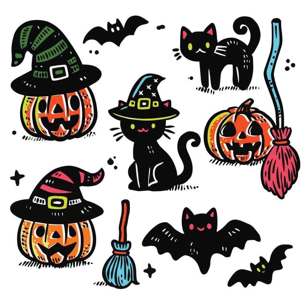 Whimsical Hand-Drawn Halloween Doodles with Offset Effect Black Cats Pumpkins and Witch Hats vector