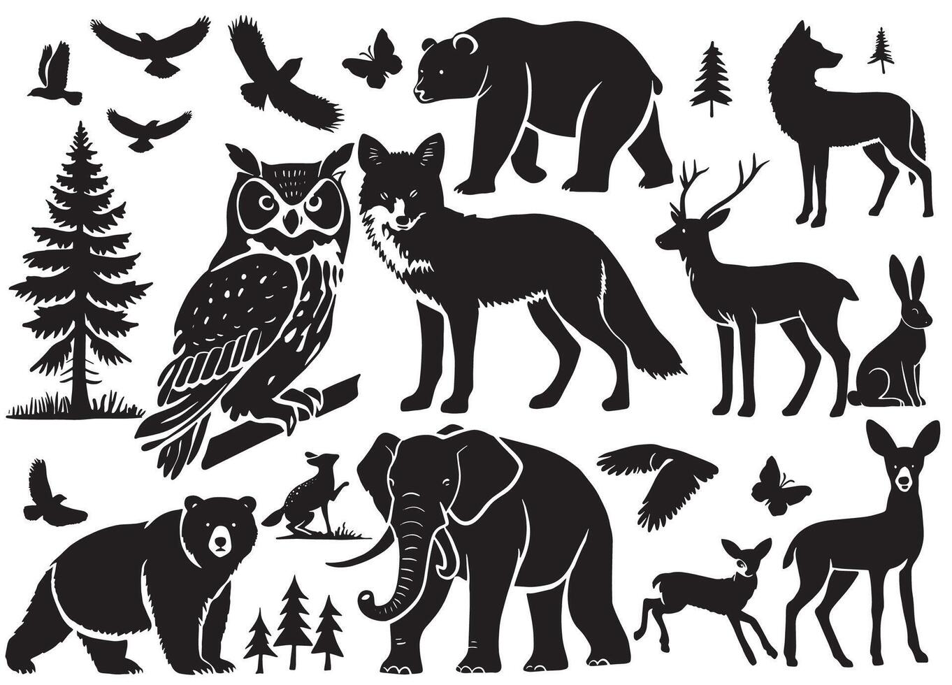 Silhouette forest and wildlife animals isolated on white background vector