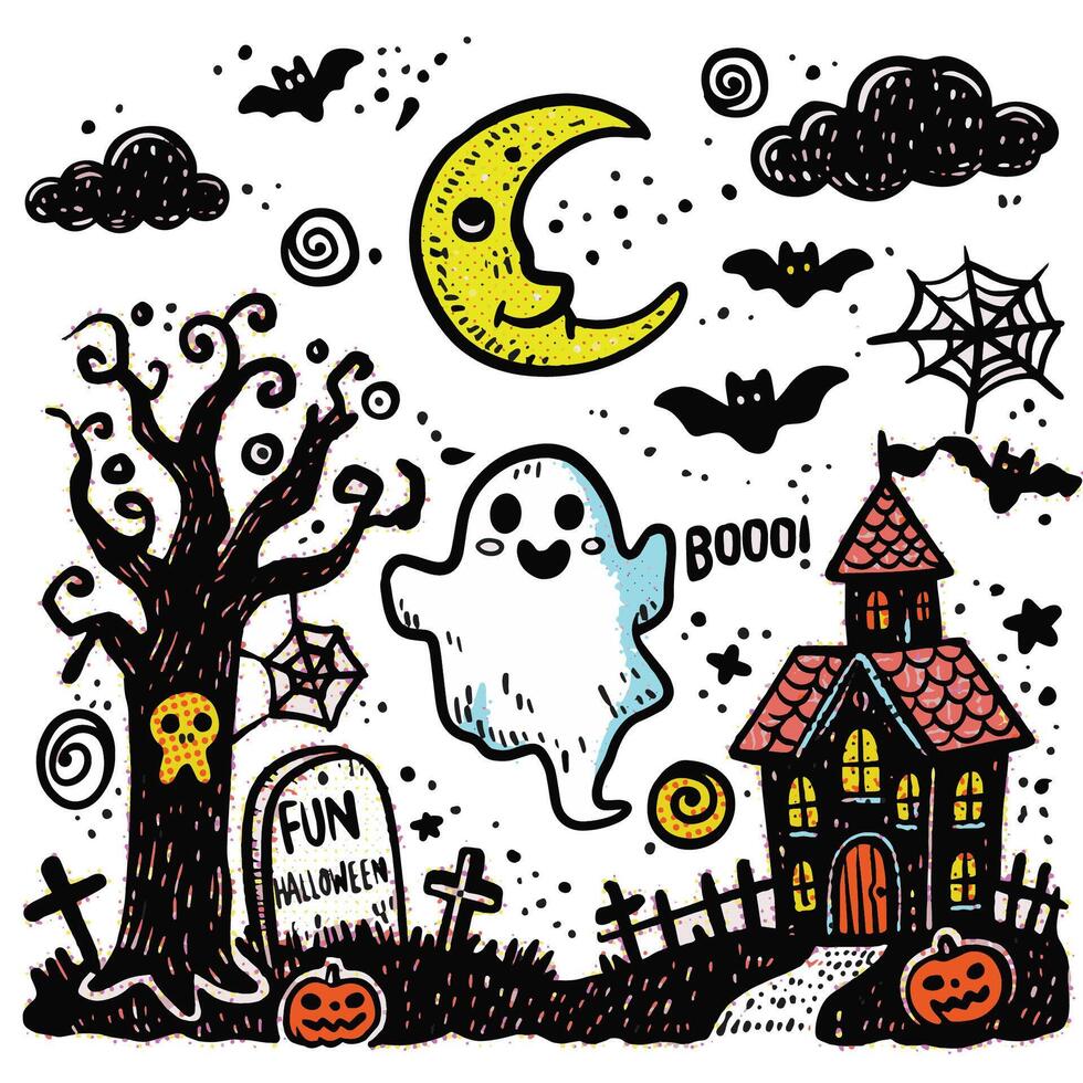 Spooky Hand-Drawn Halloween Doodles with Halftone Effect Ghost Haunted House and Moon vector