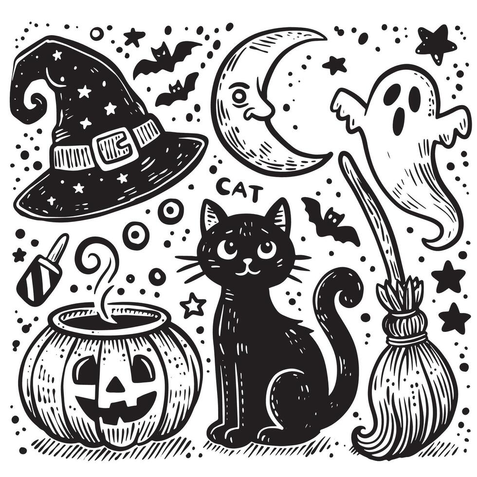 Halloween Black Cat Moon Witch Hat and Pumpkin in Hand Drawn Doodle Style vector