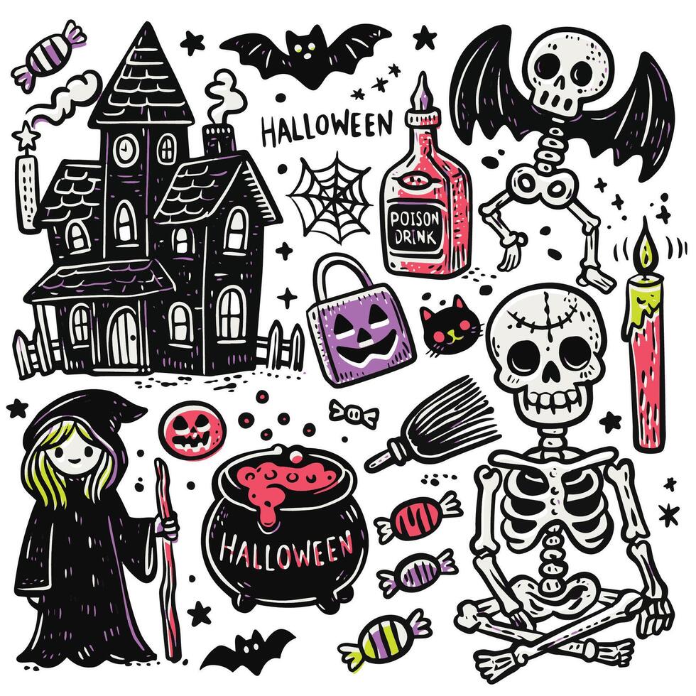Fun Hand-Drawn Halloween Doodles with Offset Effect Witch Skeleton and Haunted House vector