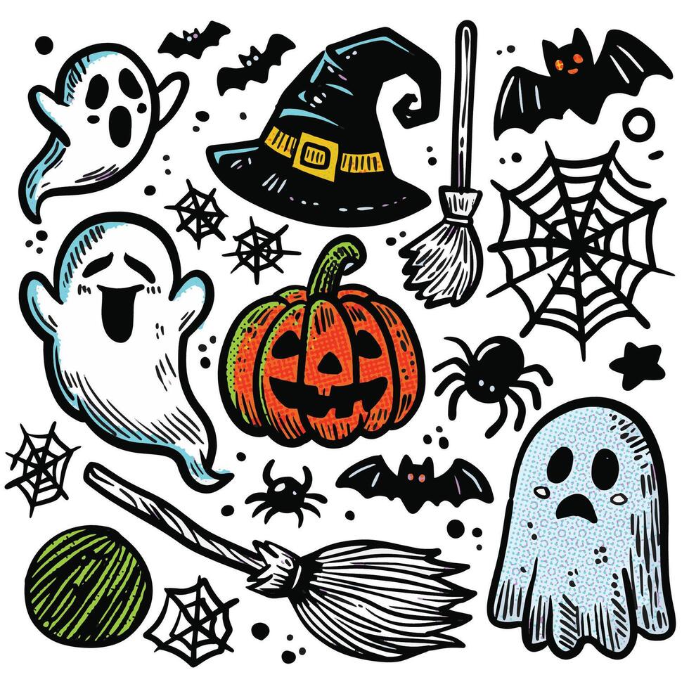 Spooky Hand-Drawn Halloween Doodles with Halftone Effect Ghosts Pumpkin and Witch Hat vector