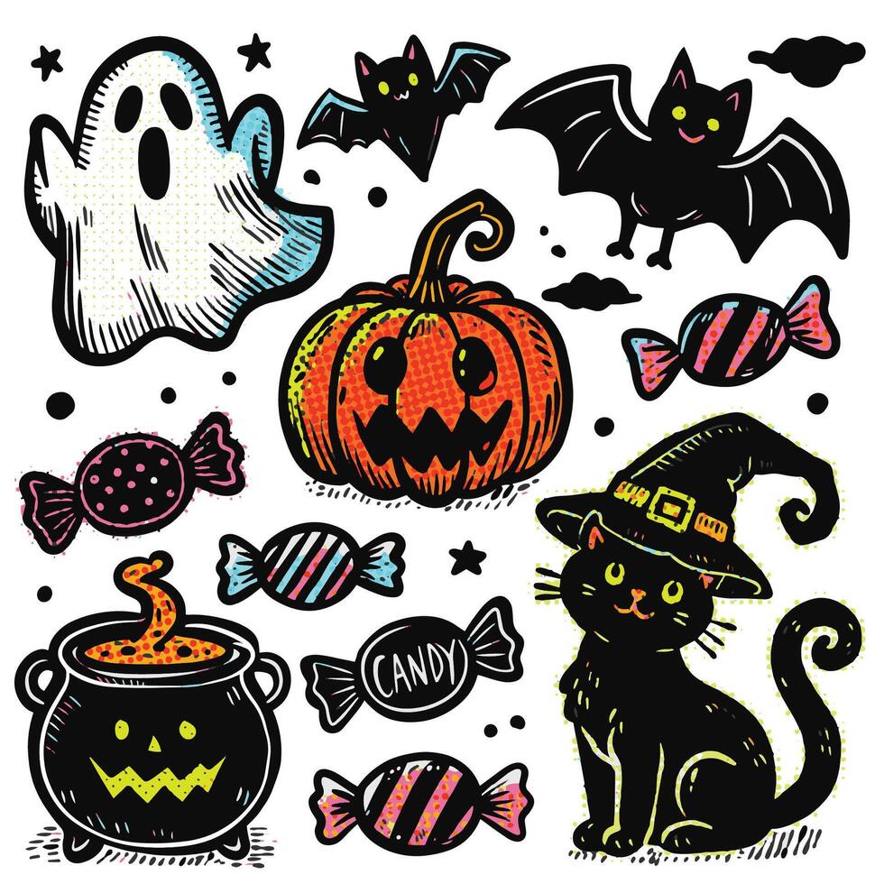 Colorful Hand-Drawn Halloween Doodles with Halftone Effect Ghost Black Cat and Pumpkin vector
