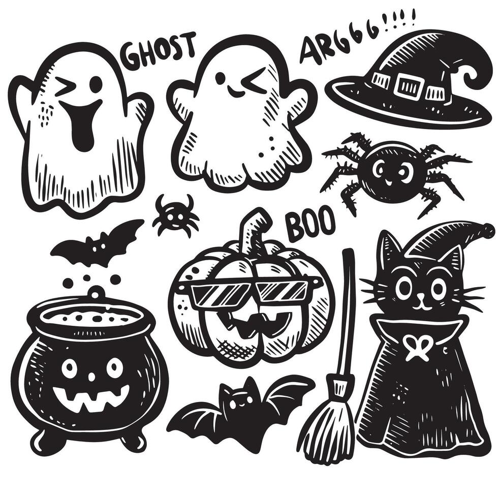 Halloween Black Cat Moon Witch Hat and Pumpkin in Hand Drawn Doodle Style vector