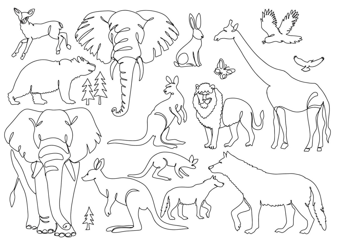 Wild Animal Collection in Continuous Line Art vector
