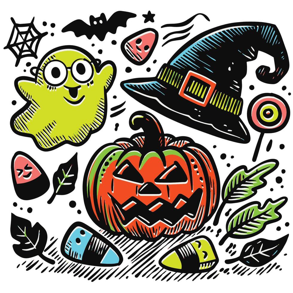 Playful Hand-Drawn Halloween Doodles with Offset Effect Ghost Pumpkin and Witch Hat vector