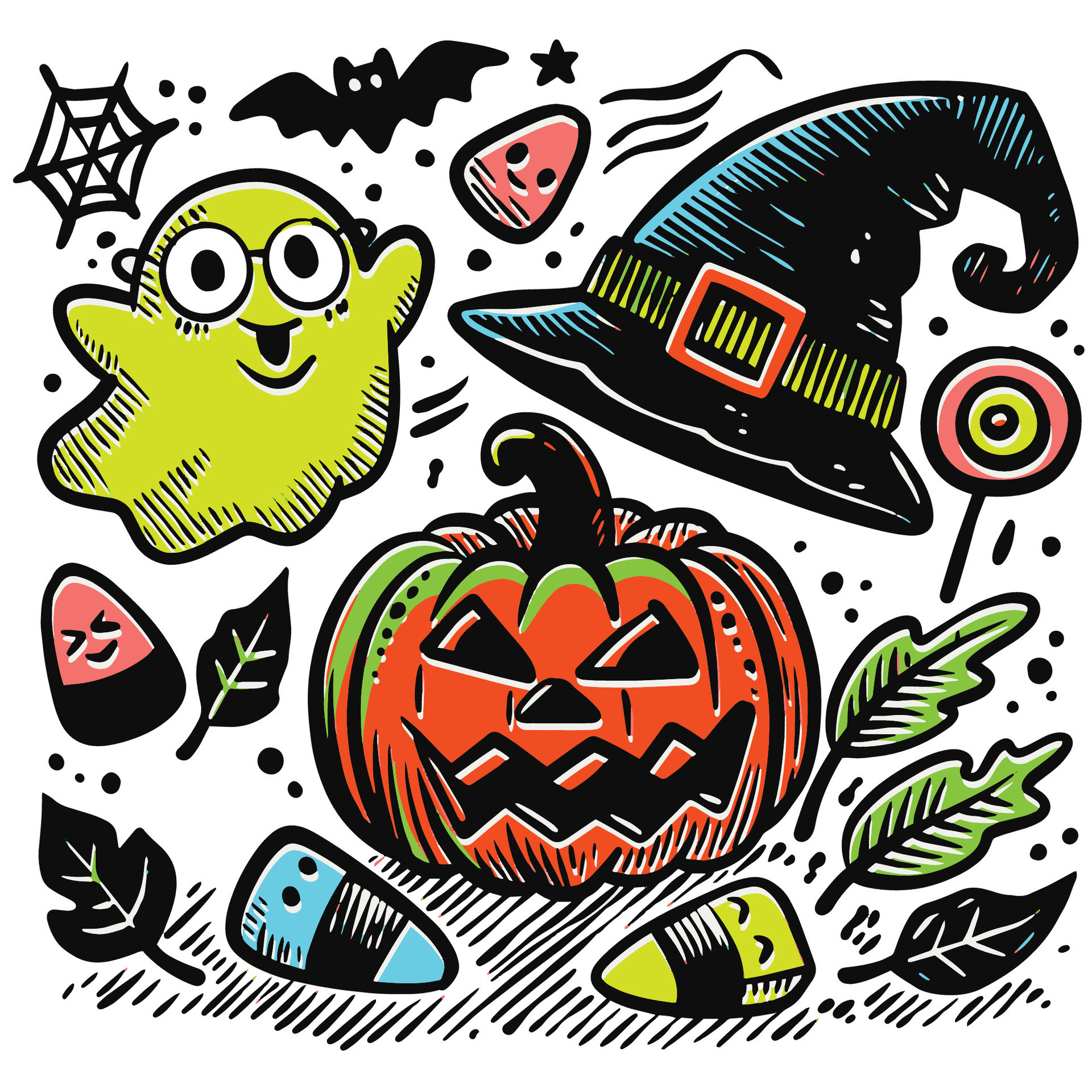 Playful HandDrawn Halloween Doodles with Offset Effect Ghost Pumpkin and Witch Hat 49376937