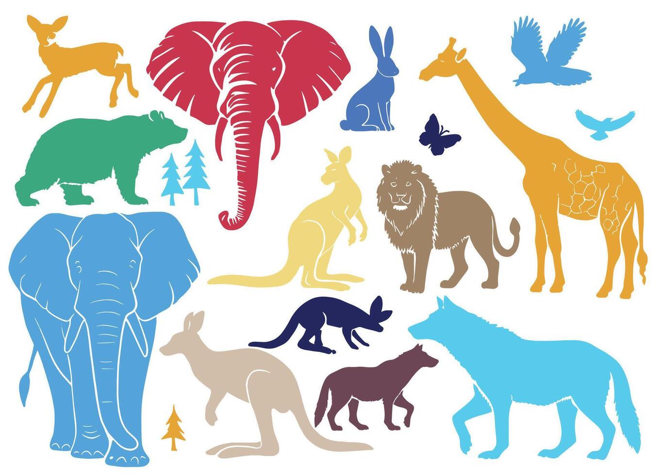 Multicolor wild animal silhouette collection isolated on white background vector