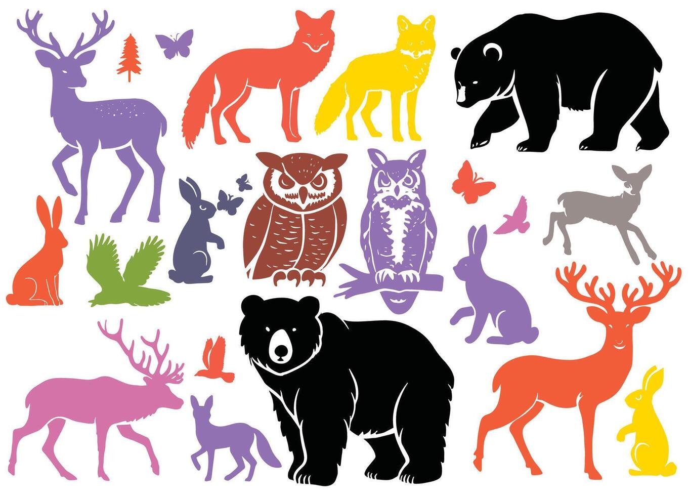 Colorful silhouette woodland animals isolated on white background vector