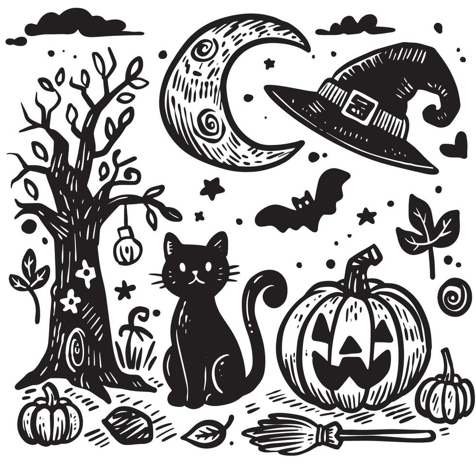 Halloween Black Cat Moon Witch Hat and Pumpkin in Hand Drawn Doodle Style vector