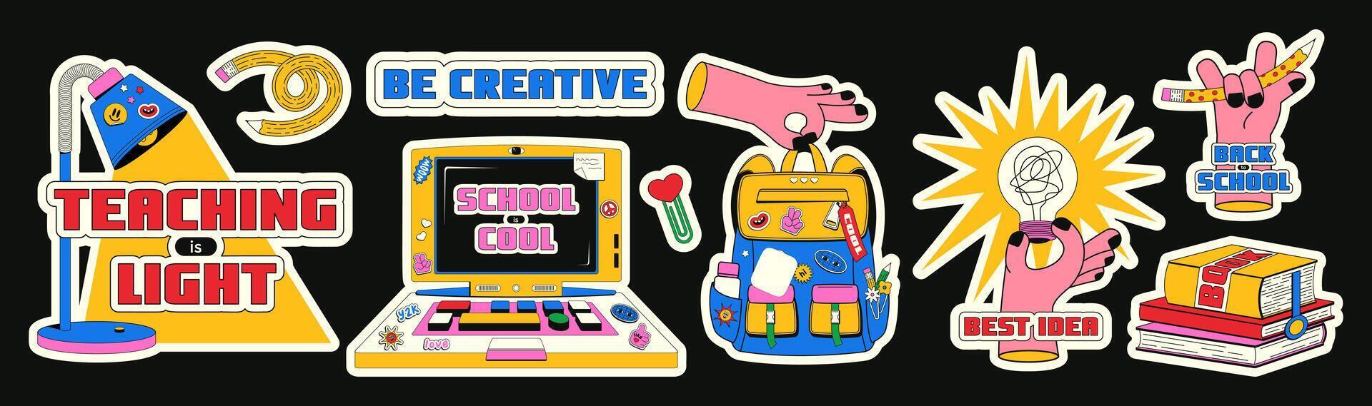 Trendy set of Back to School stickers. Illustration of school supplies with a border in shape, with words and phrases on the theme of learning. vector