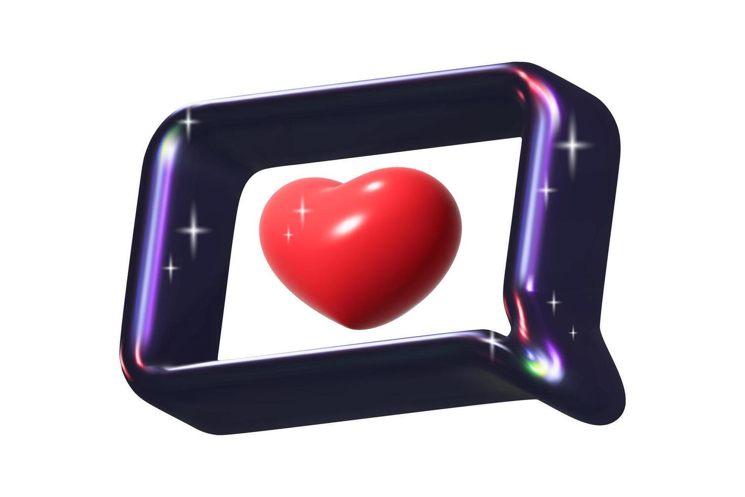3D speech bubble with liquid metal texture. Black chrome frame with red heart, like, review, social networks. vector
