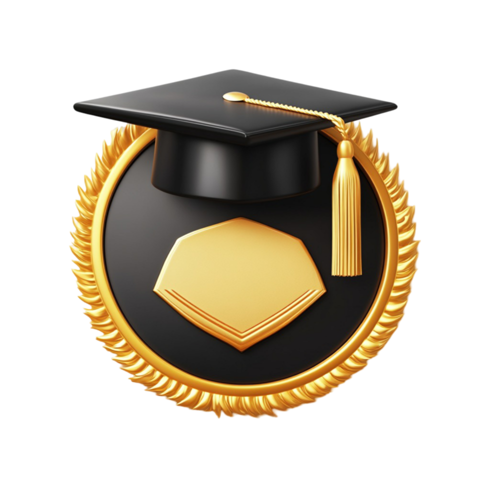 Gold and Black Graduation Cap with Tassel and Gold Emblem png