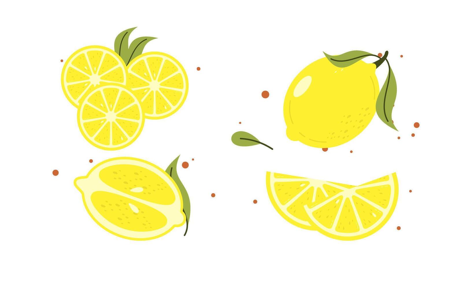 Fresh, Delicious, Juicy, and Sour Cartoon Lemons. Collection of Yellow Citrus Whole and Slices Illustration. vector