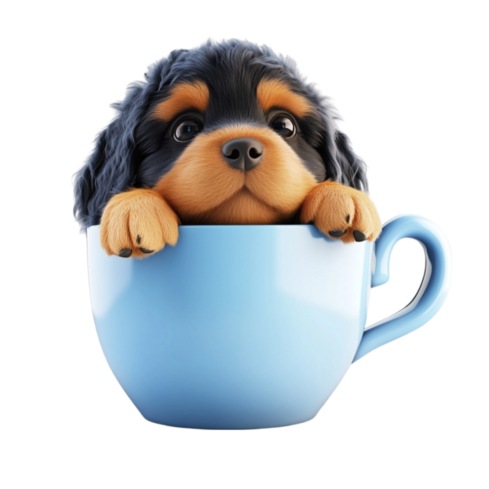 Brown and Black Dog Sitting in Blue Cup png