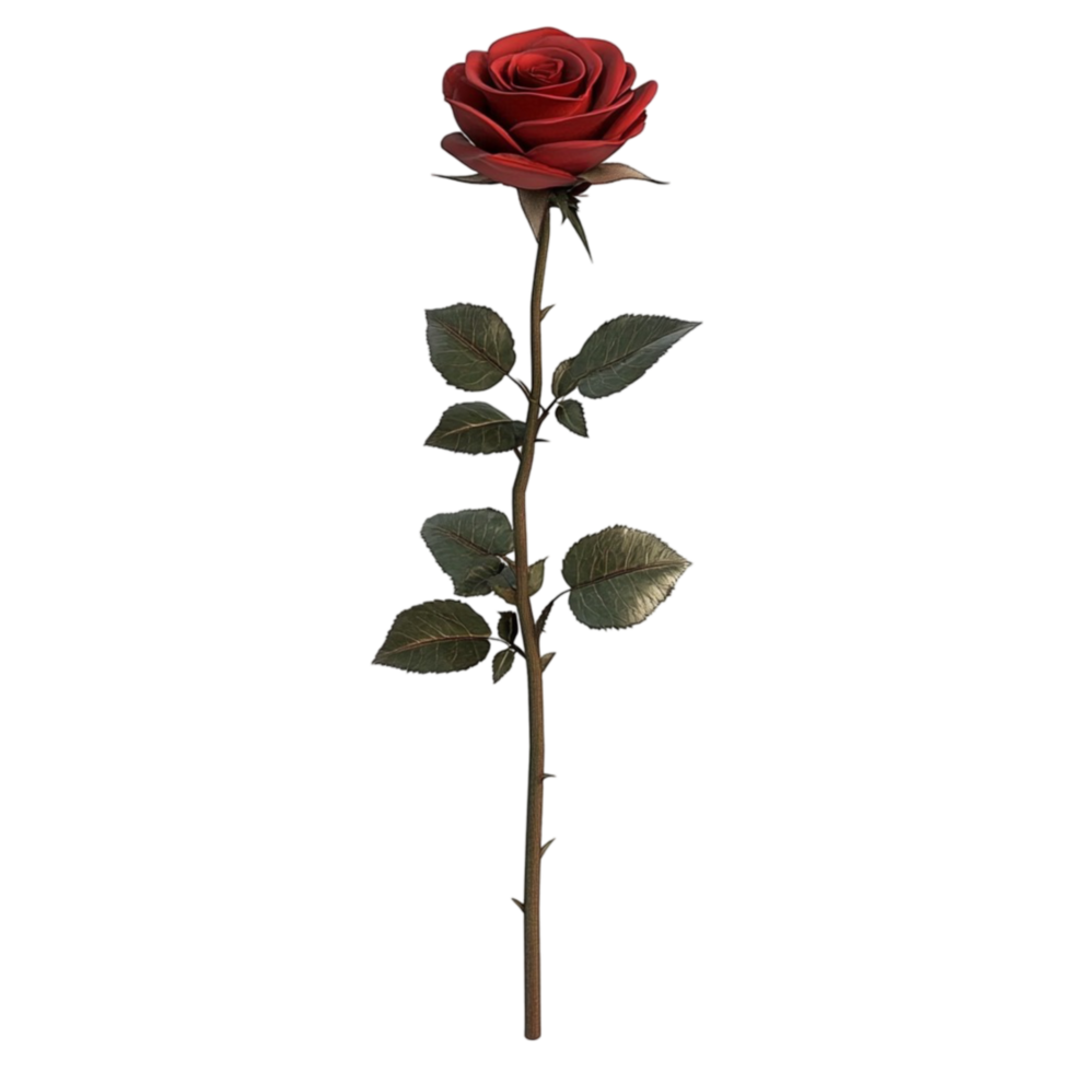 Vibrant Single Rose with Deep Green Leaves on Long, Thin Stem png