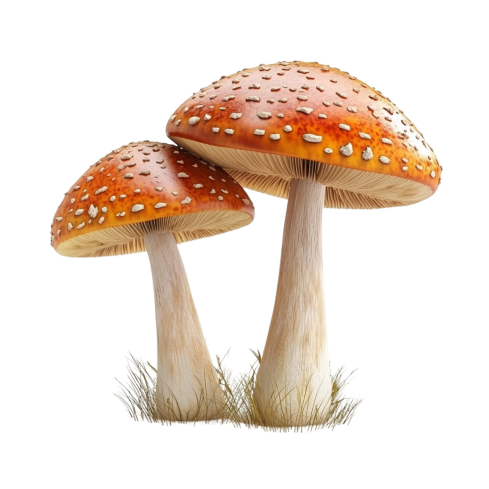 Two Brown Mushrooms with Golden Centers and White Spots on Grassy Surface png