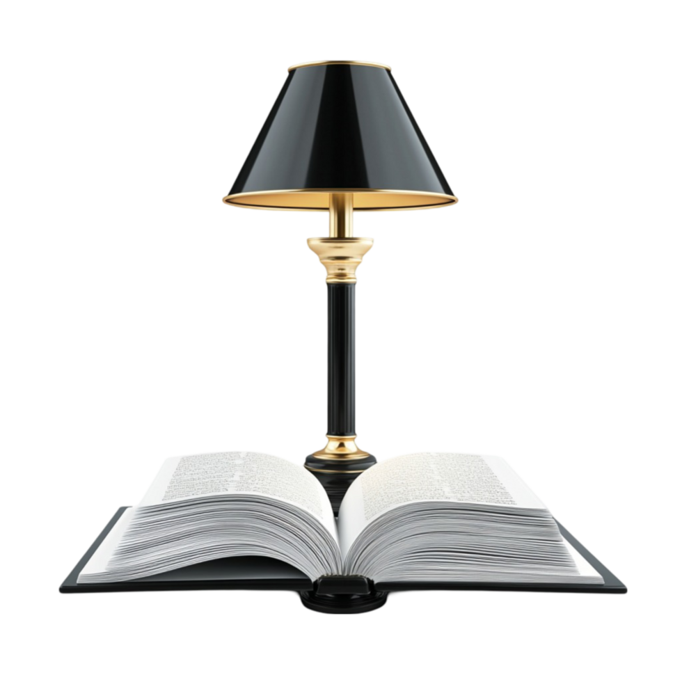 Black Lamp with Gold Base and Shade Standing on Black Book with Gold Pages and Lines png