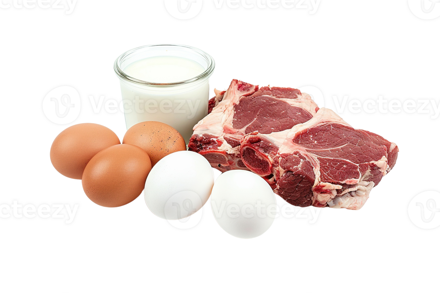 beef, chicken meat, milk, chicken eggs, side by side, livestock food and protein sources isolated on transparent background png