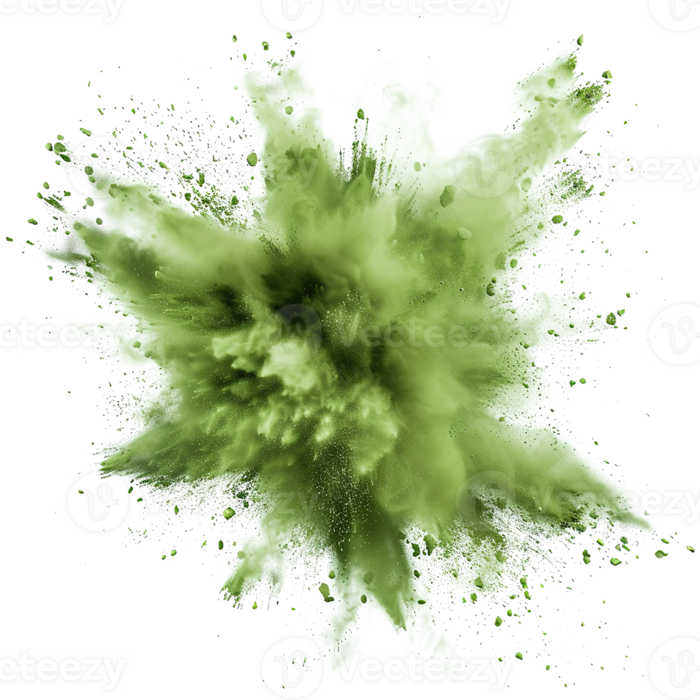 green powder explosion isolated on transparent background png