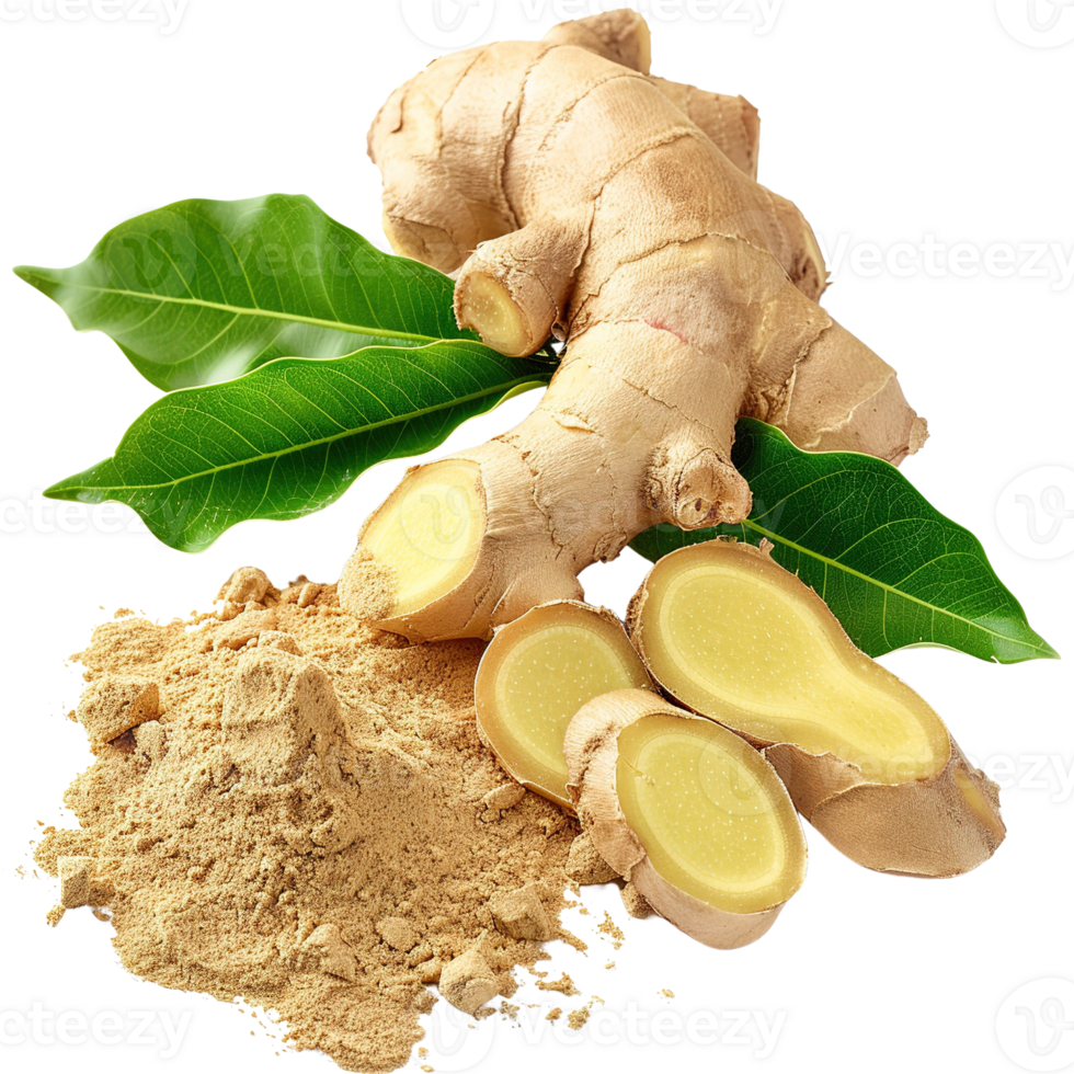 ginger and ginger powder isolated on transparent background png