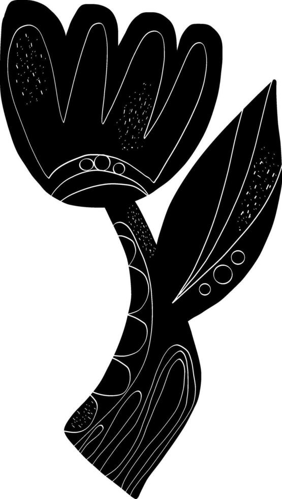 Flower Folk art black element in linocut style vector