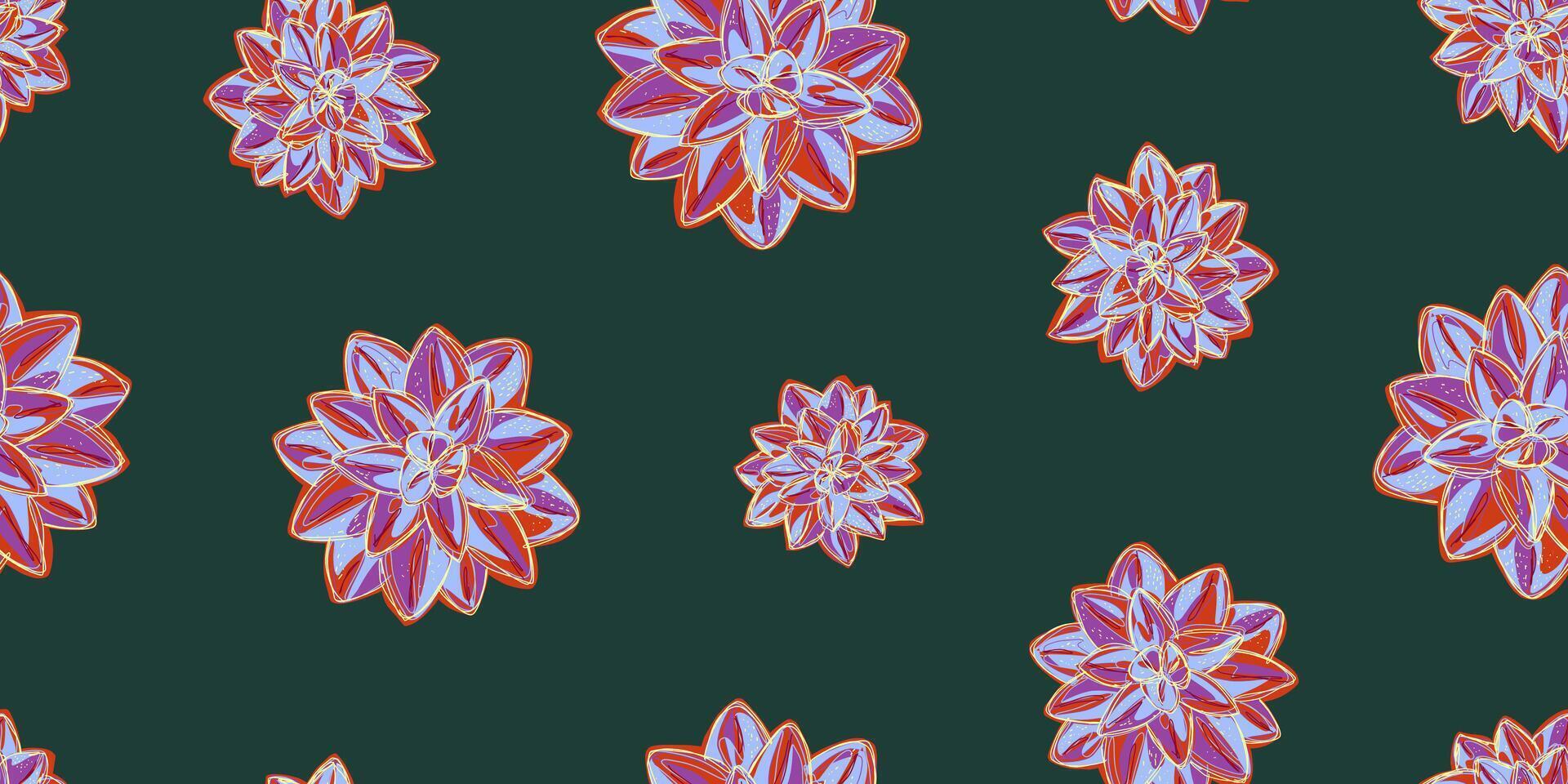 a pattern with purple and pink flowers on a green background vector