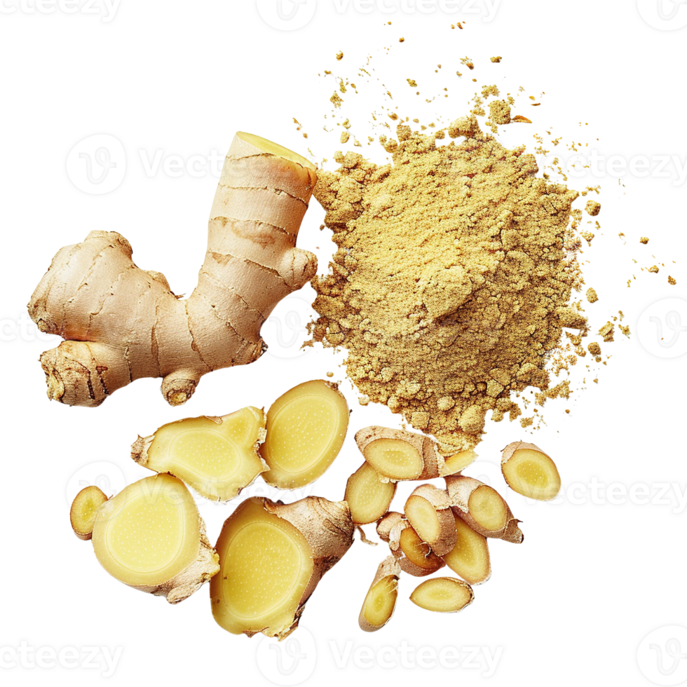 ginger and ginger powder, top view, transparent background png