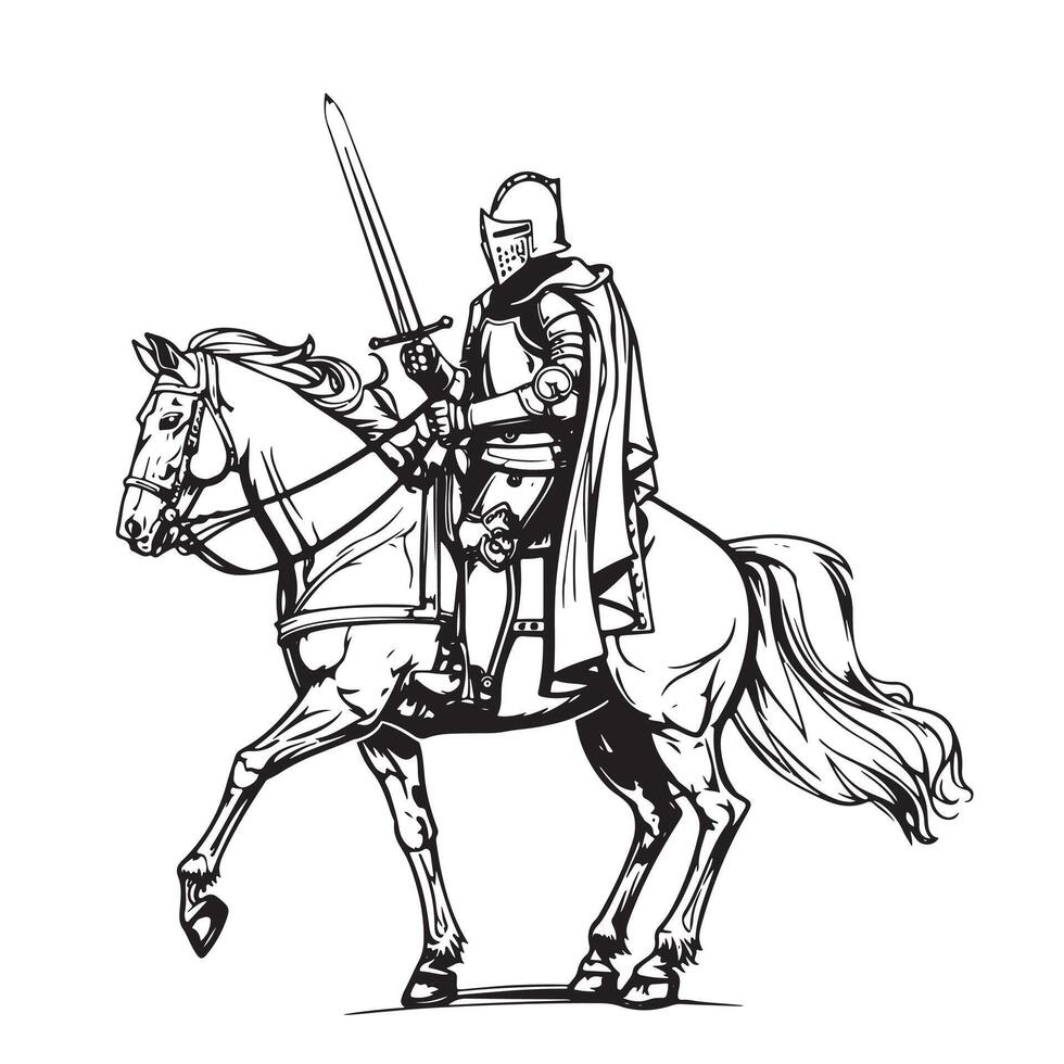 Medieval armed knight riding a horse. Historical ancient military character. vector