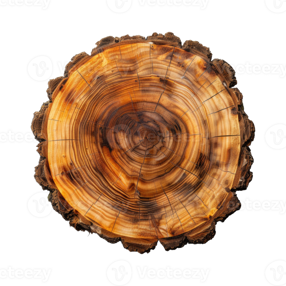Top view of Slice of tree stump trunk isolated on transparent background cutout png
