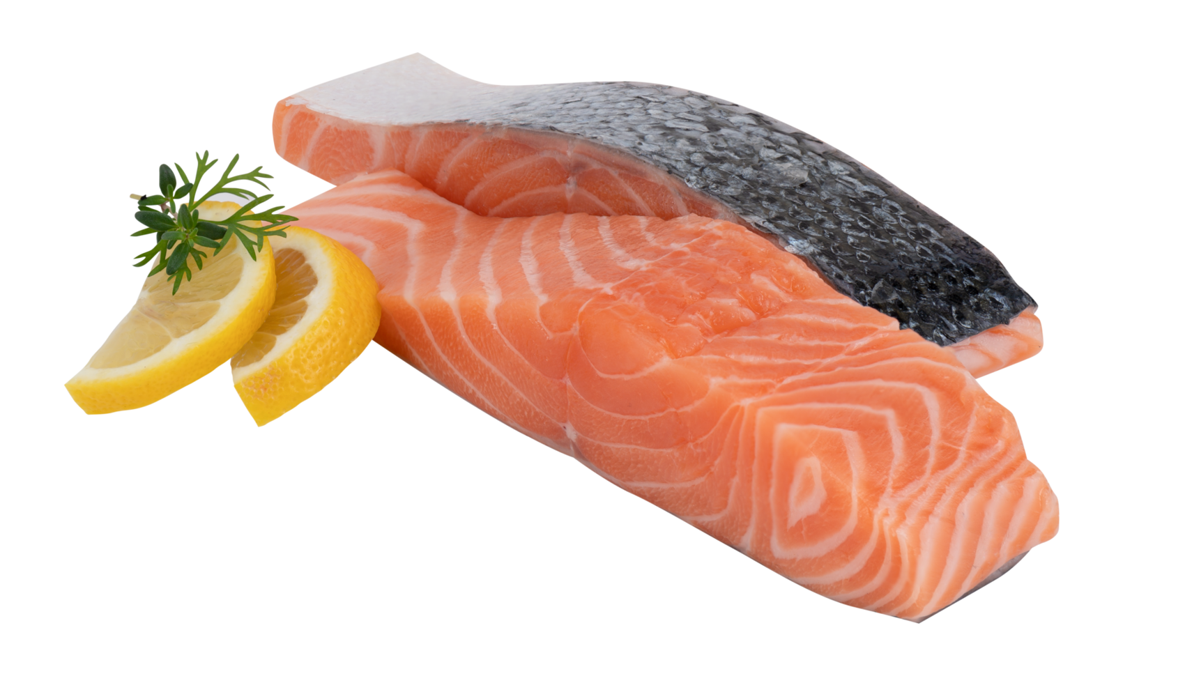 Fresh salmon meat, alternating with skin and slices cut out isolated transparent background png
