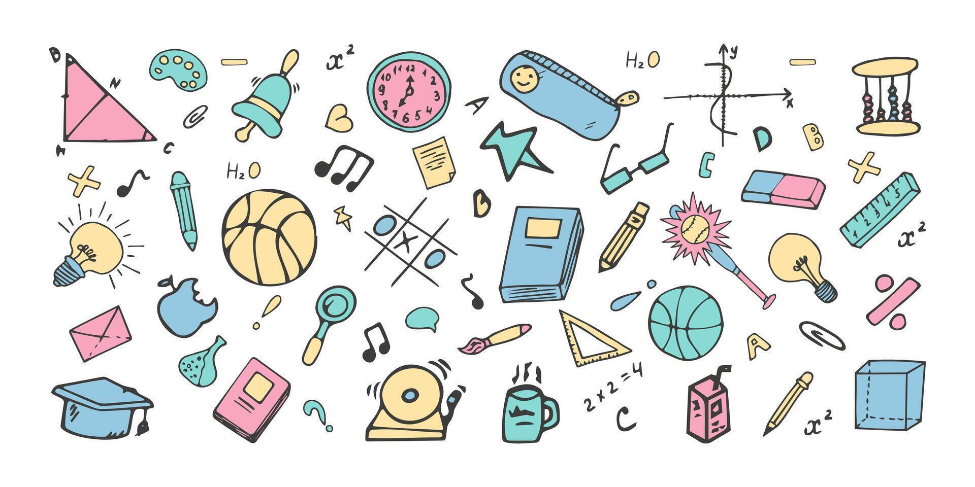 Doodle Set Back to School Supplies for Kids. Modern Collection Education Elements. Illustration Hand Drawn icons, Book, Clock, Cube, Bulb, Basketball, Book, pen, notes, Brush, Magnifying glass. vector