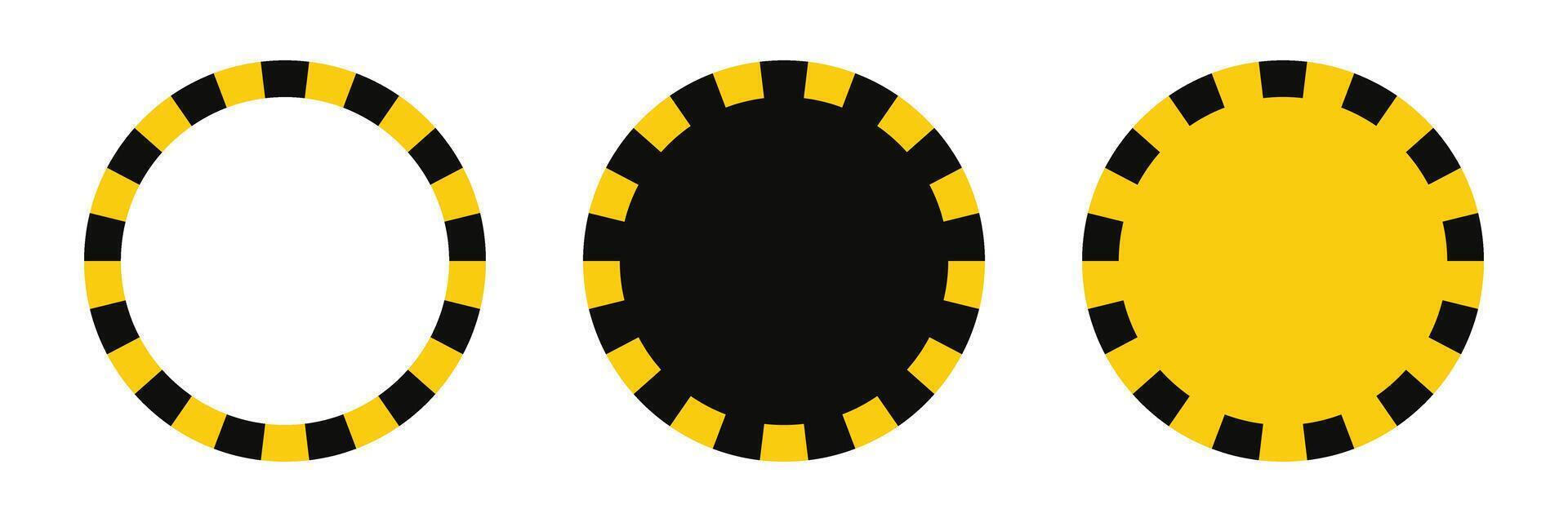 Warning circle frame with yellow black tape. Barricade lines. Round warn frame with text space set. Yellow and black caution tape border. illustration on white background vector