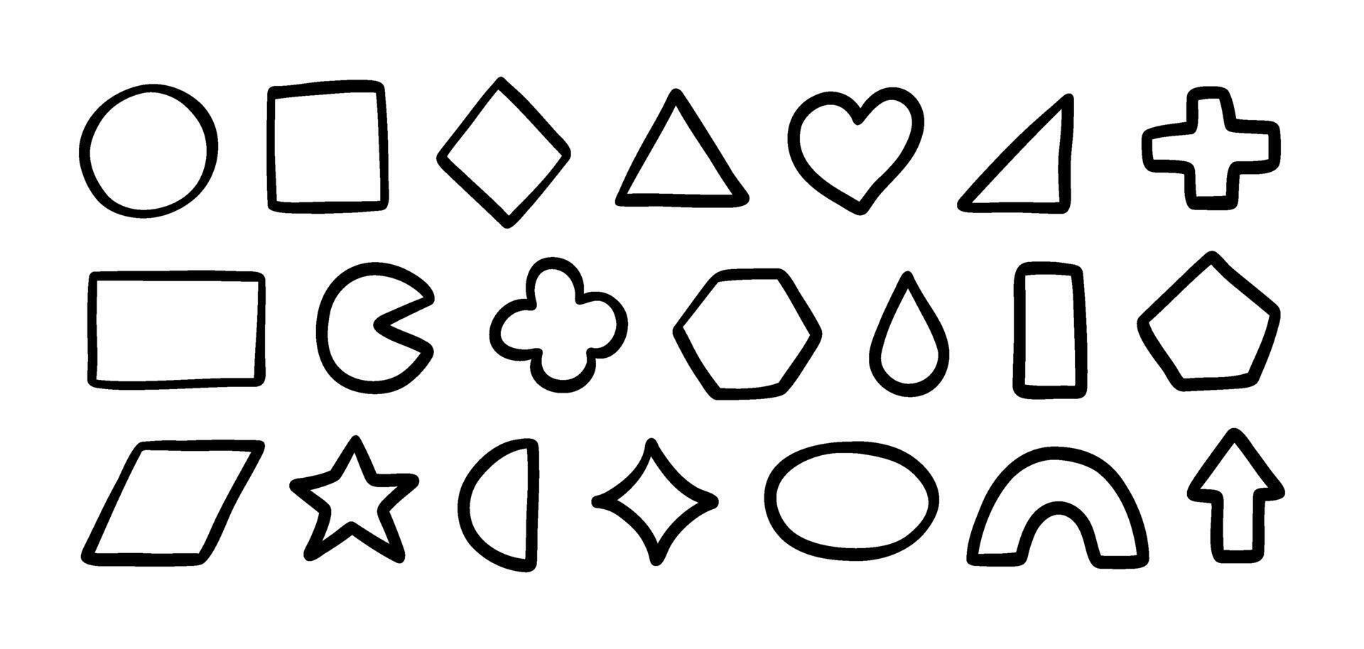 Doodle basic geometric shapes set. Hand drawn math figure icons collection. Doodle cute circle, square and triangle. Child drawing for learning games. illustration isolated on white background vector