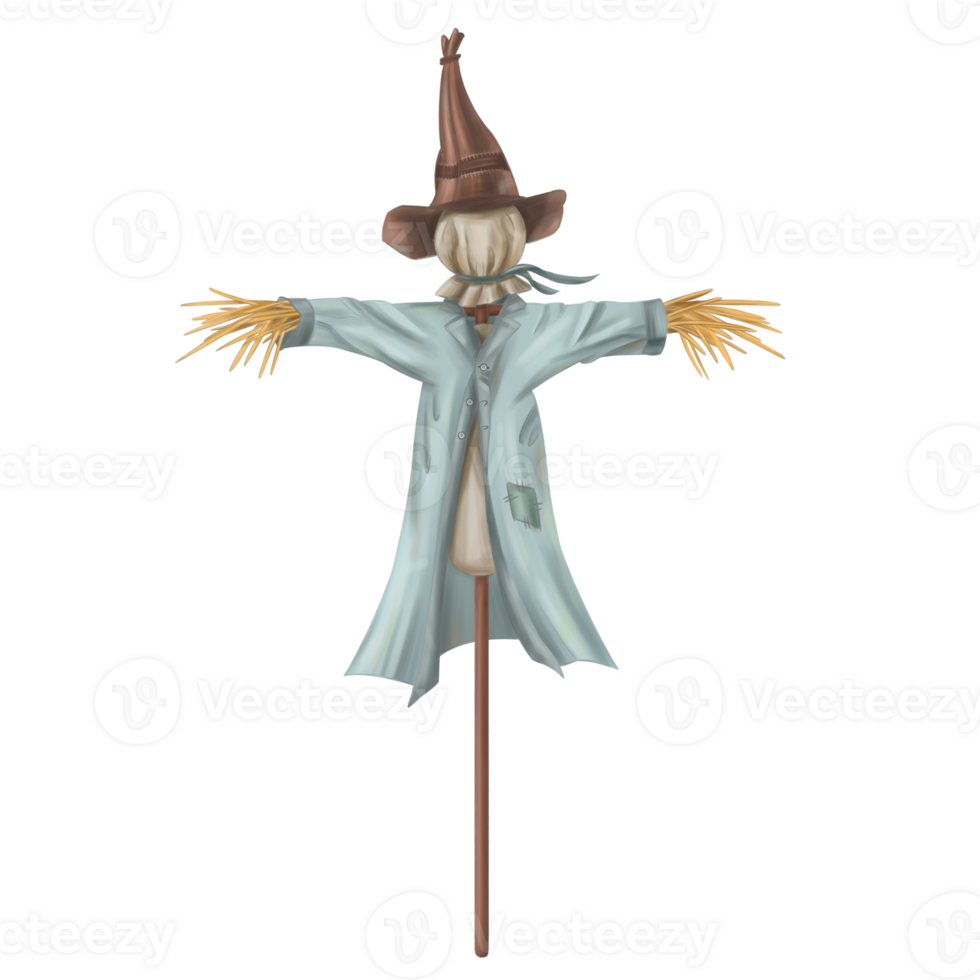 A scarecrow in a blue raincoat and hat. Halloween decoration of the yard and garden. Autumn festivals, rustic-style celebrations. Farm work, harvesting in the fields. Isolated digital illustrations png