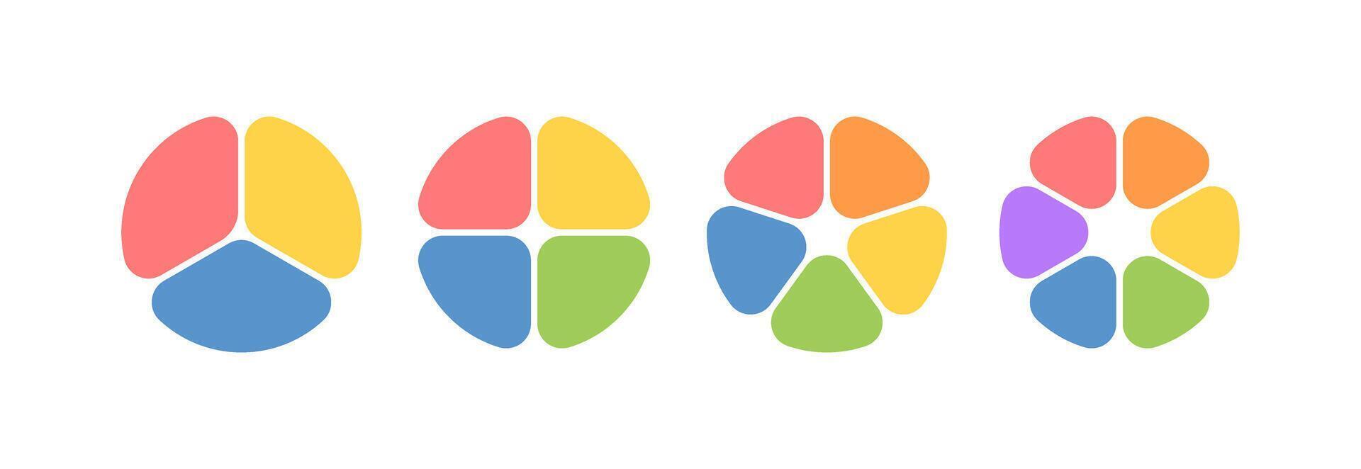 Circle division infographic icon set. Pie chart divided 4,5,6 equal parts. Sectors with rounded corners icon. Color infographic flower round diagram. illustration isolated on white background vector