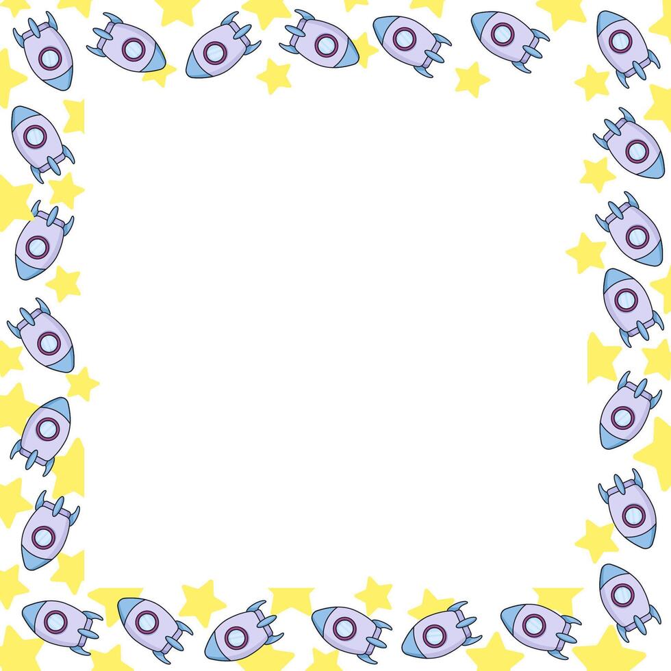 Square frame made of cartoon space rockets with stars vector