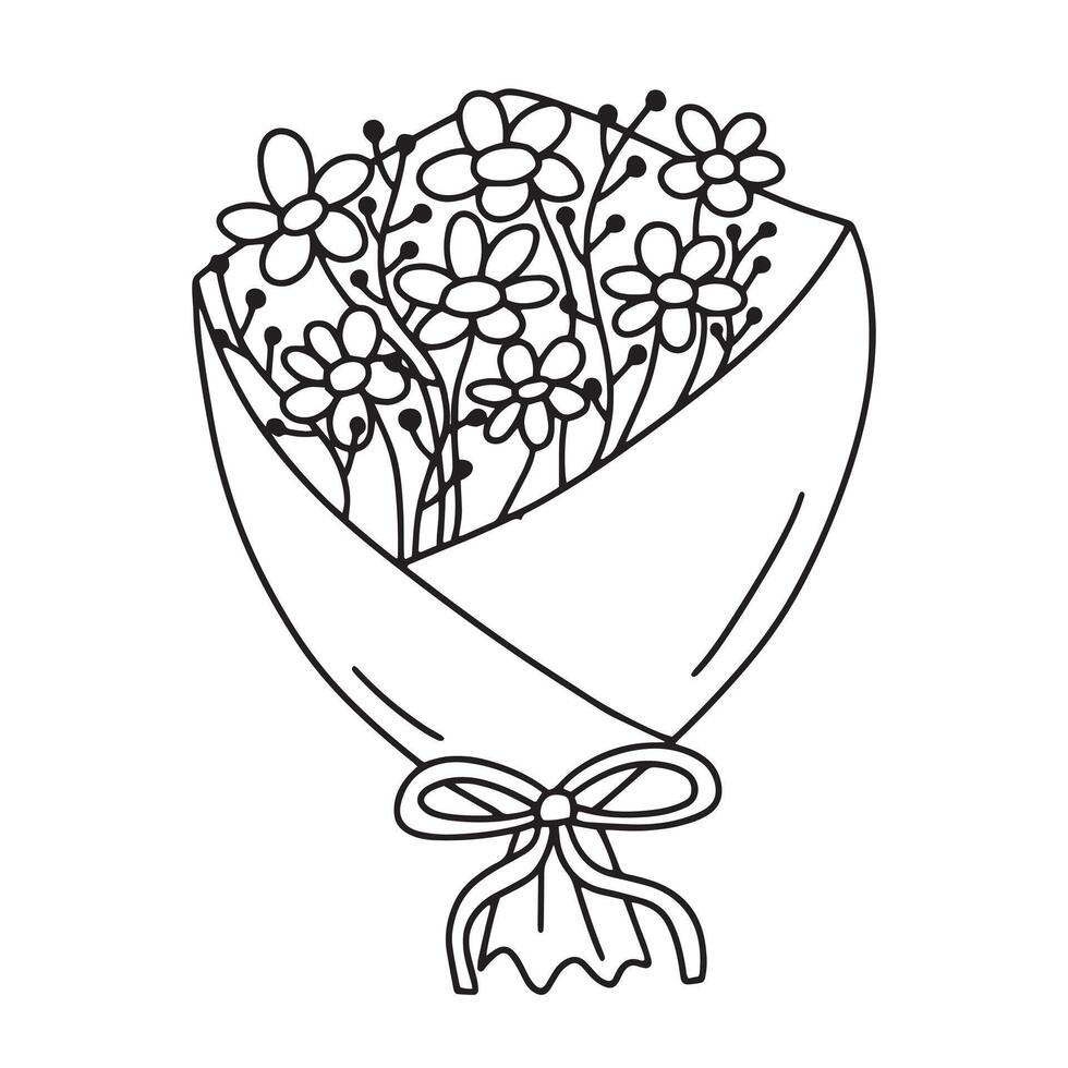 Wild flowers bouquet with bow hand drawn illustration vector