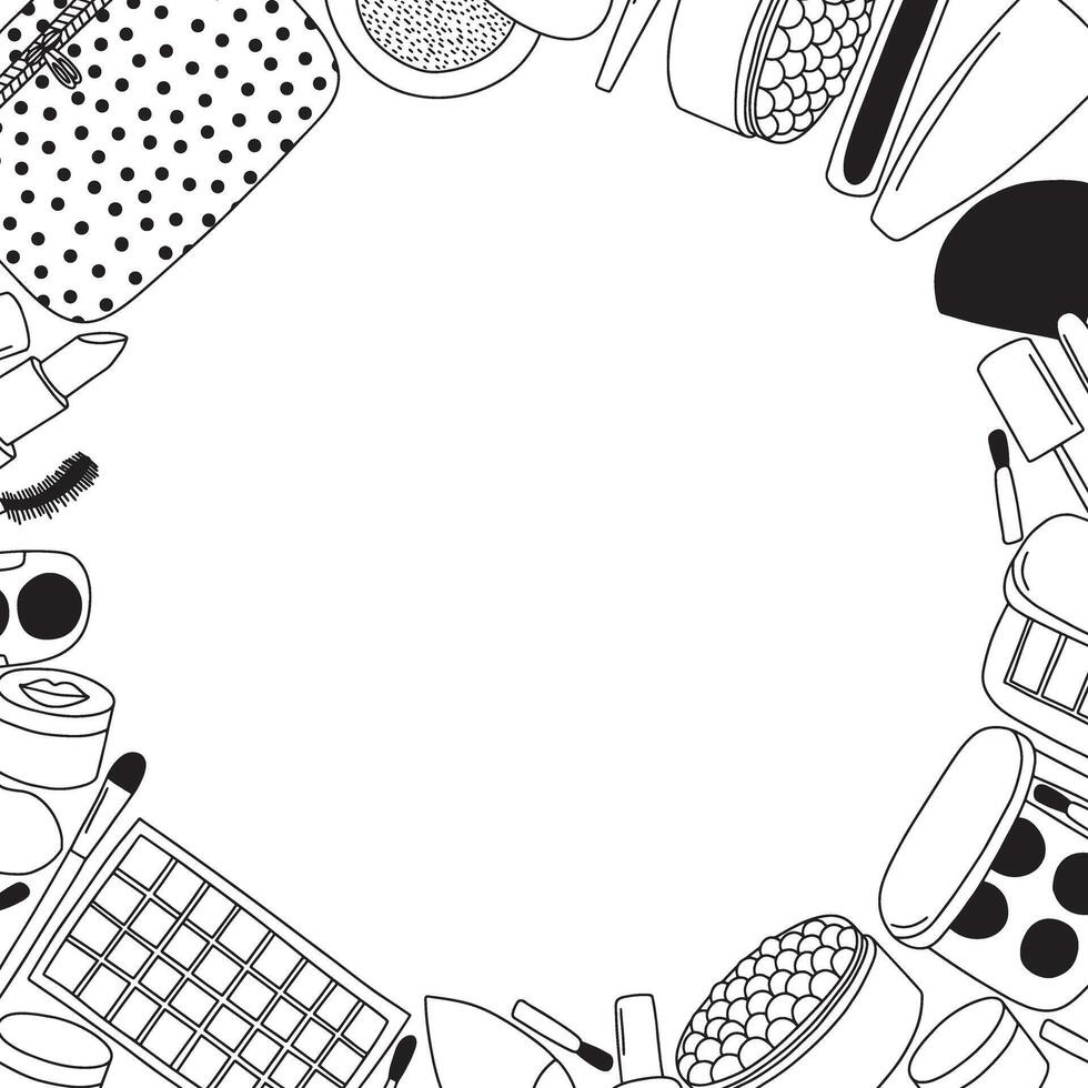 Make up doodle frame on white background. make up beauty products frame vector