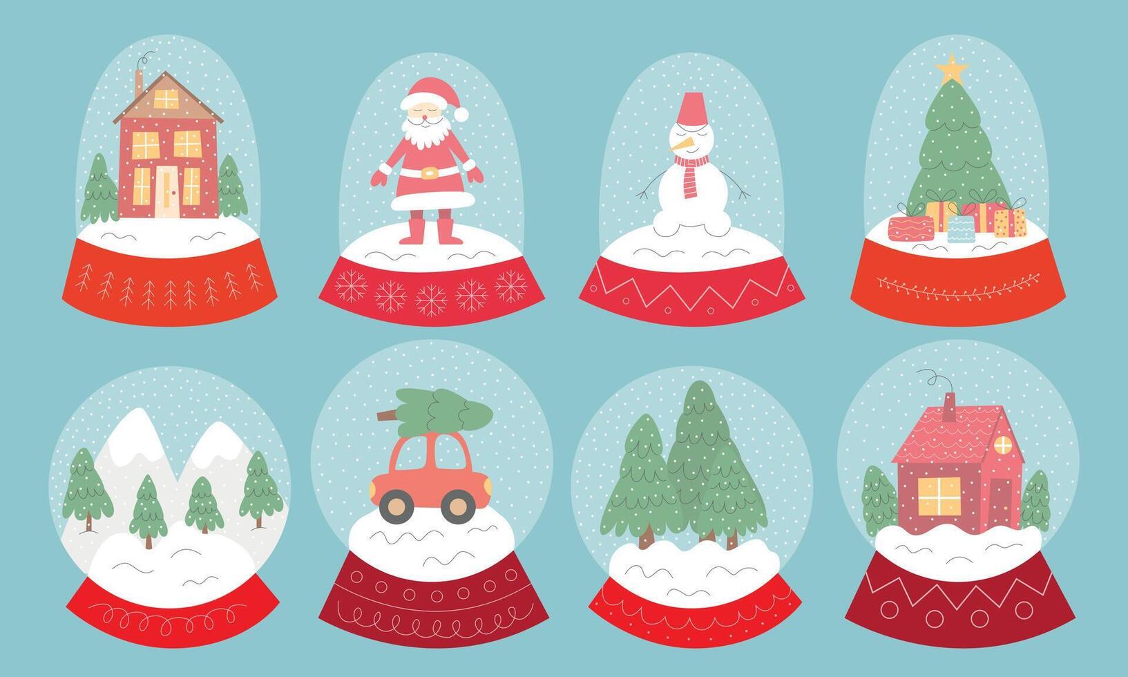 Glass snow globes flat collection. Set of Christmas decorative glass balls with winter landscapes and Christmas decor vector